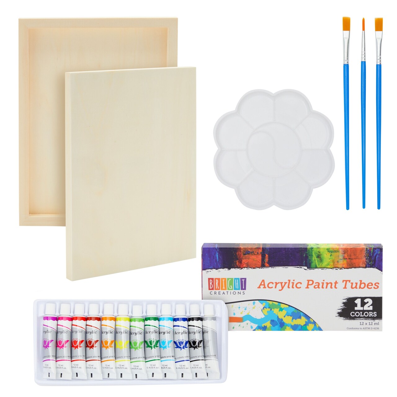 18 Pieces 9x12 Wooden Canvas Painting Set with 12 Acrylic Paint Tubes, 3  Brushes, and 1 Plastic Palette